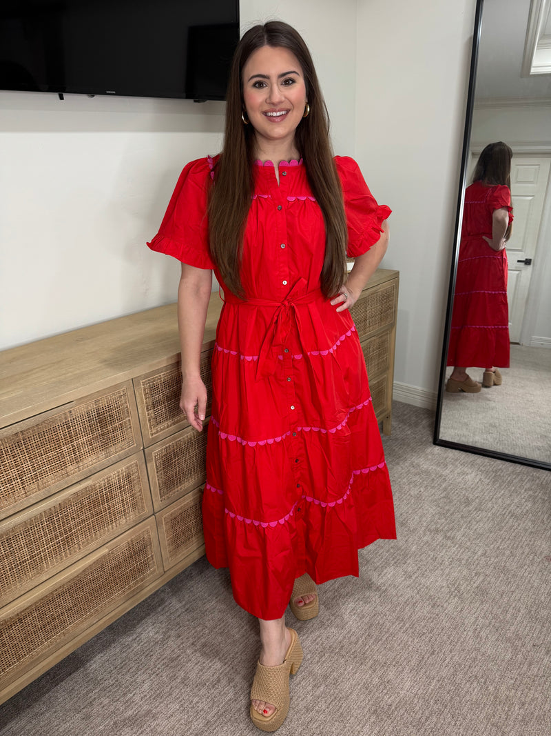 Red Midi Scalloped Dress