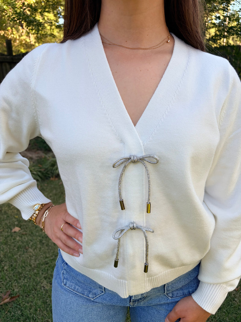 White Sparkly Bow Sweater