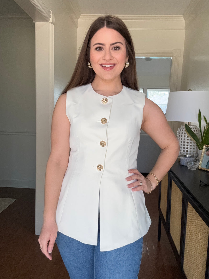 Cream Sleeveless Gold Button Detail Top