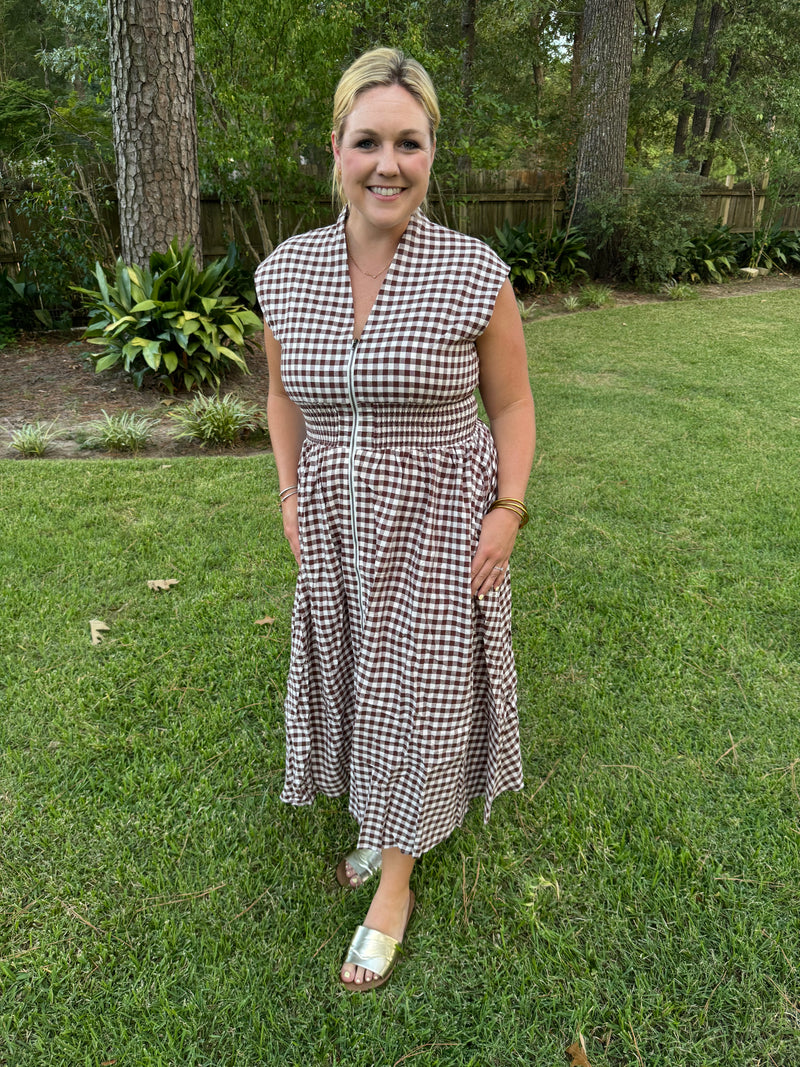 Brown Checkered Midi Dress