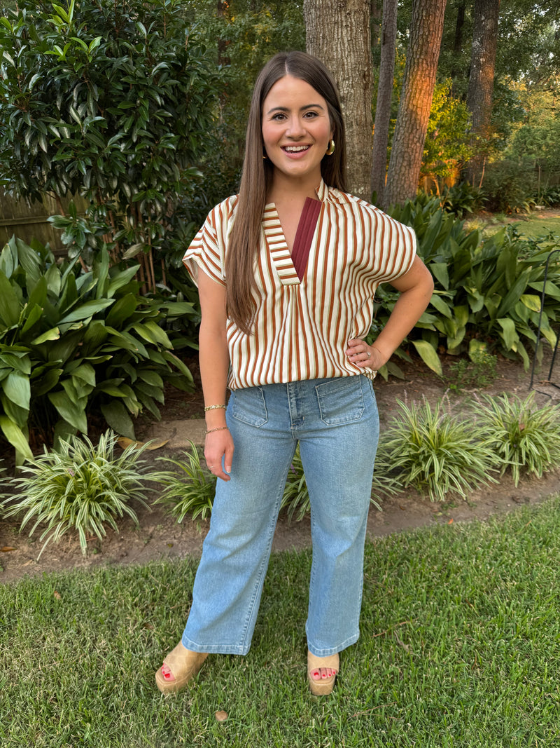 Light Brown & Cream Striped V-Neck Top