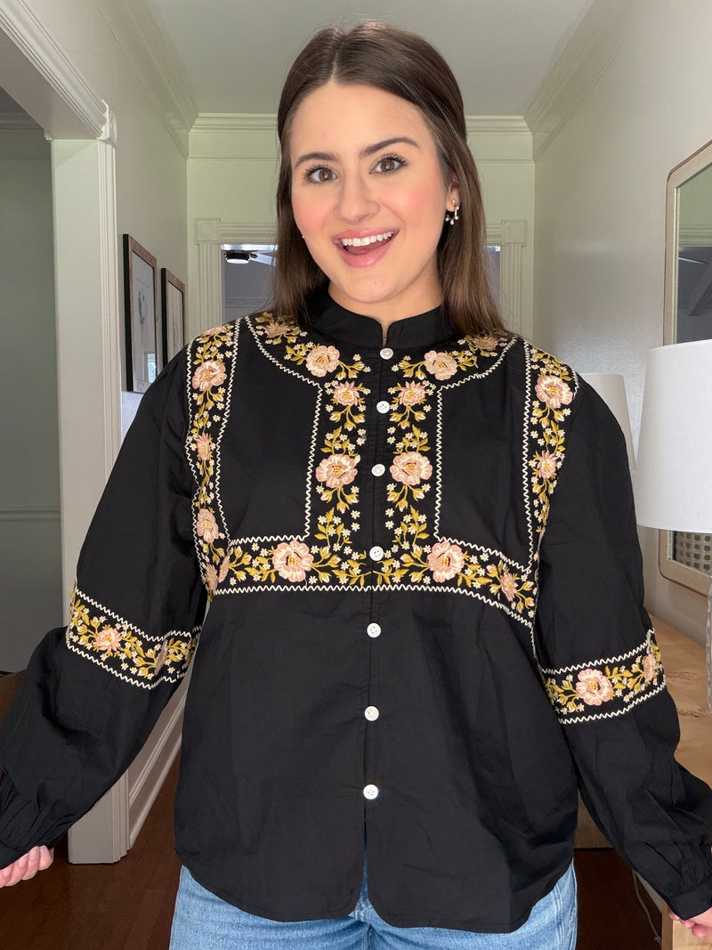 Black Embroidered Long Sleeve Top
