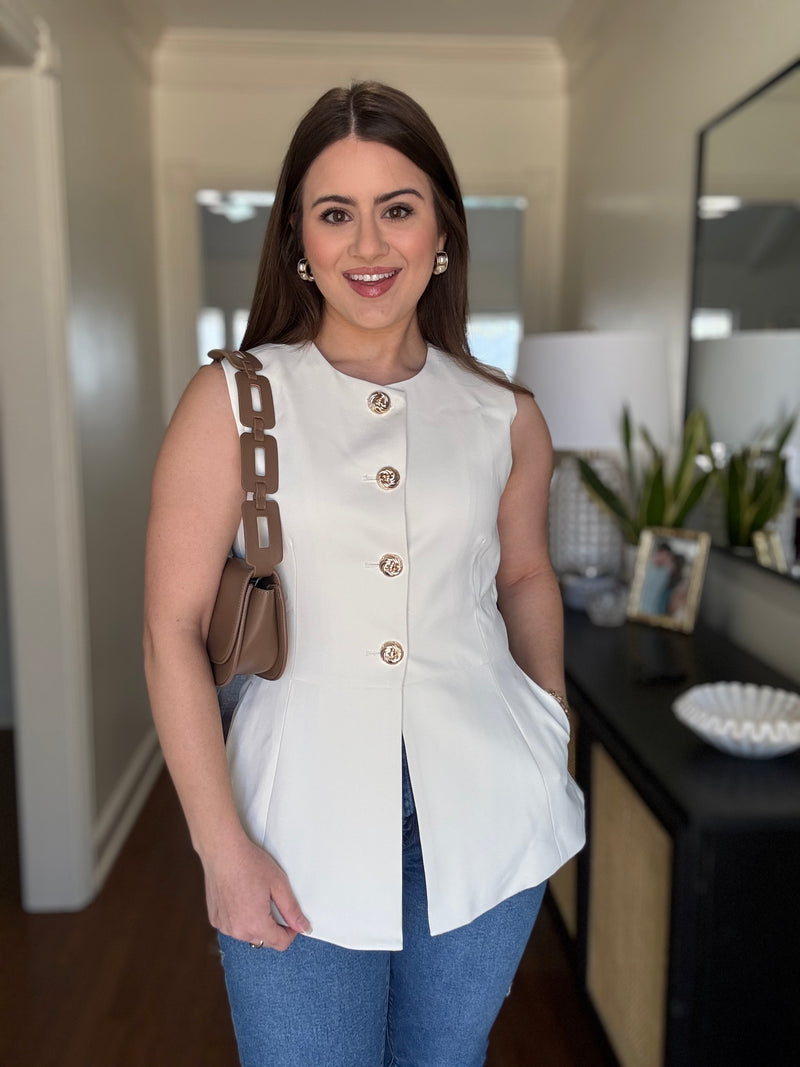 Cream Sleeveless Gold Button Detail Top