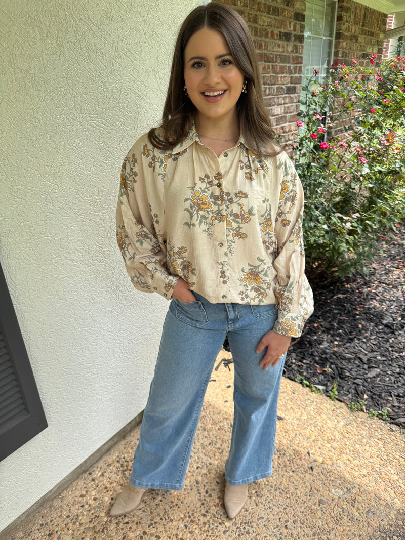 Floral Oatmeal Long Sleeve Button Up Top
