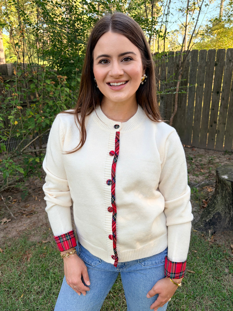Plaid Cuff Cream Cardigan