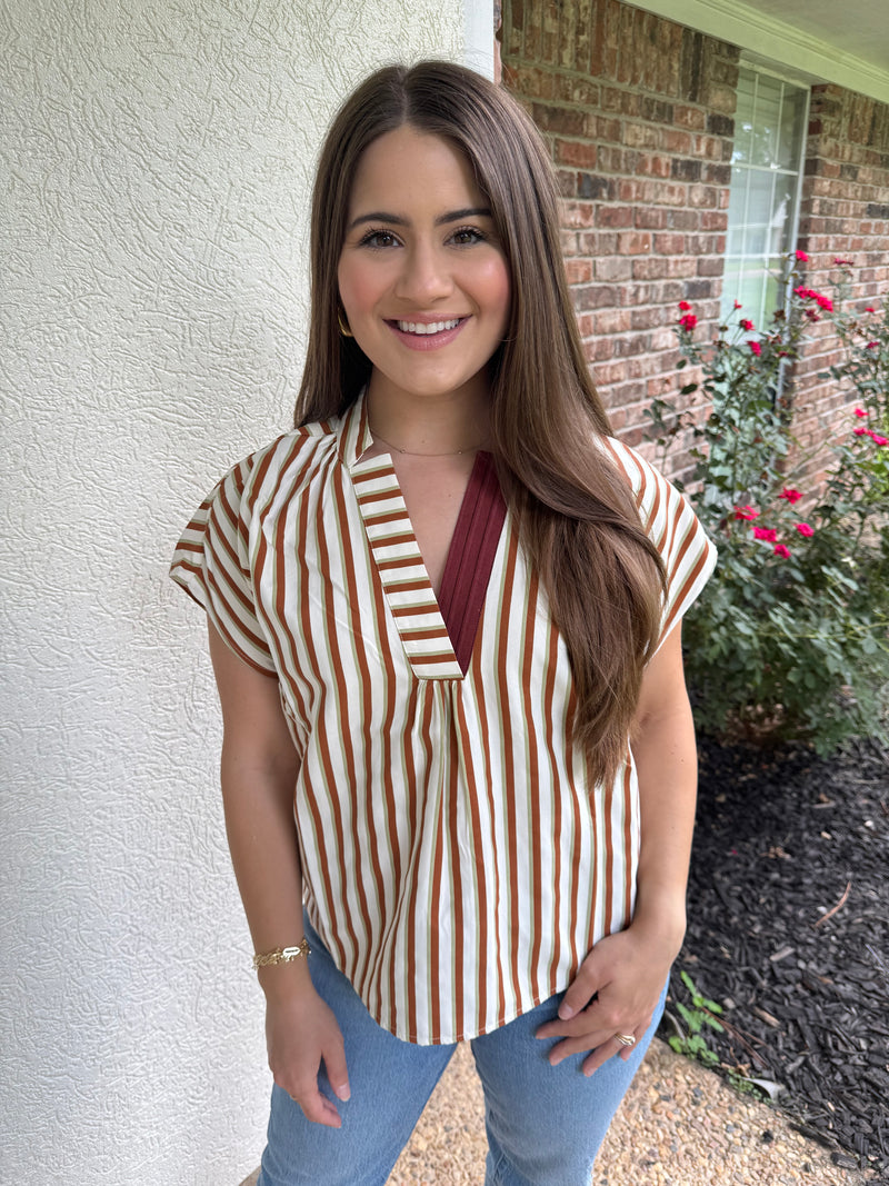 Light Brown & Cream Striped V-Neck Top