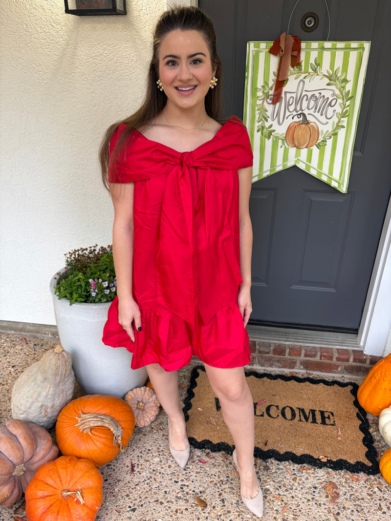 Red Off Shoulder Bow Dress