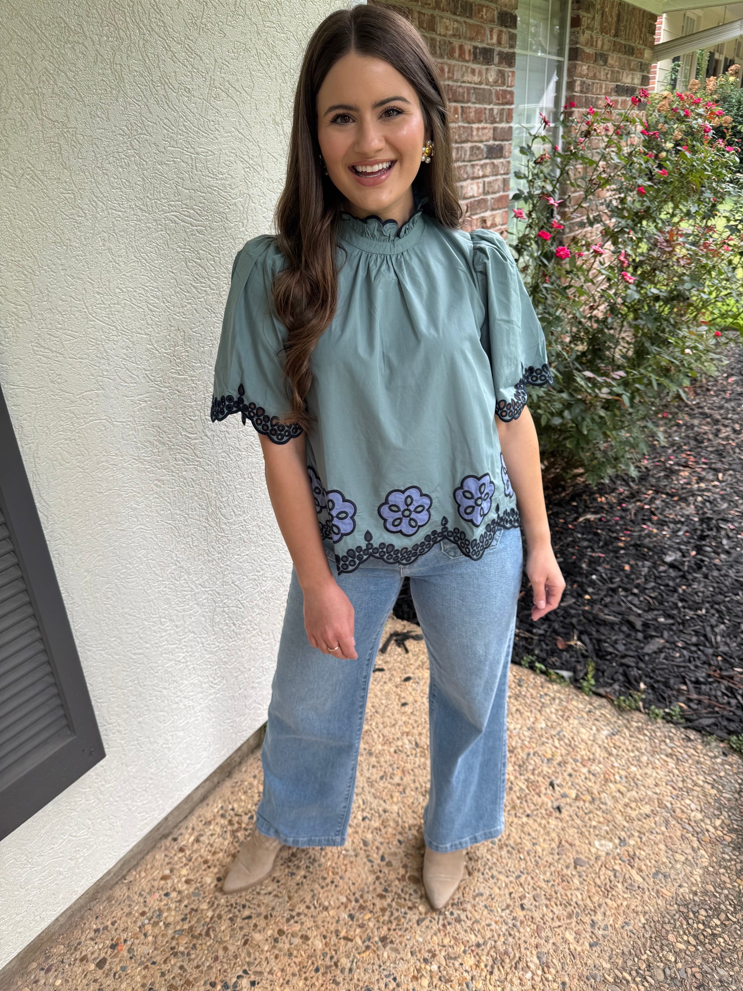 Sage Short Sleeve Scalloped Top