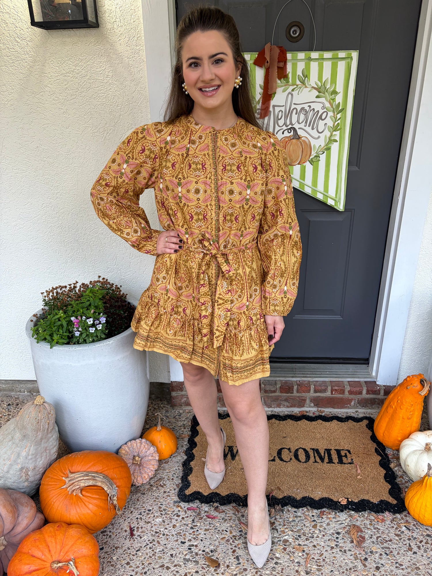 Long Sleeve Mustard Floral Print Dress