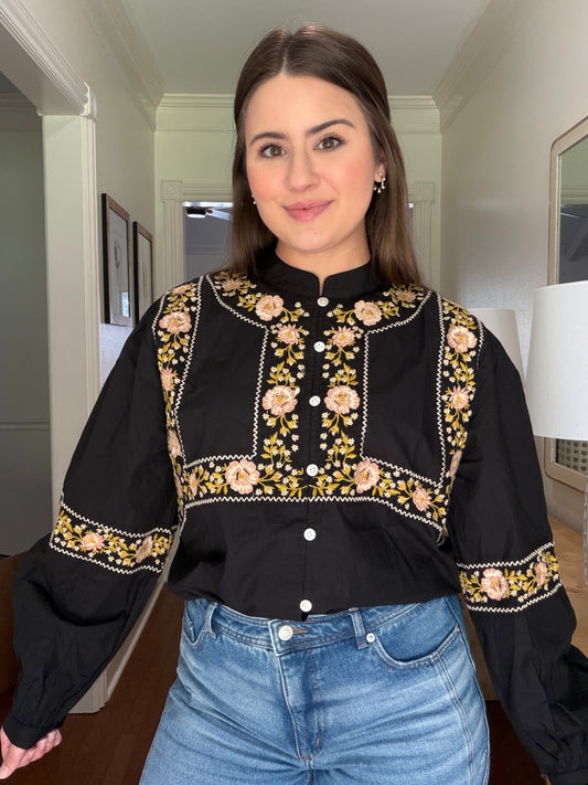 Black Embroidered Long Sleeve Top