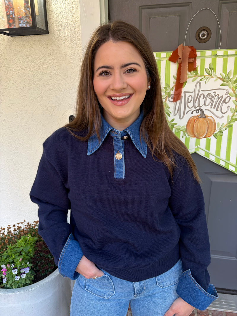 Navy Blue Jean Trim Sweater