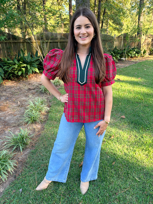 Red Plaid Puff Sleeve Top