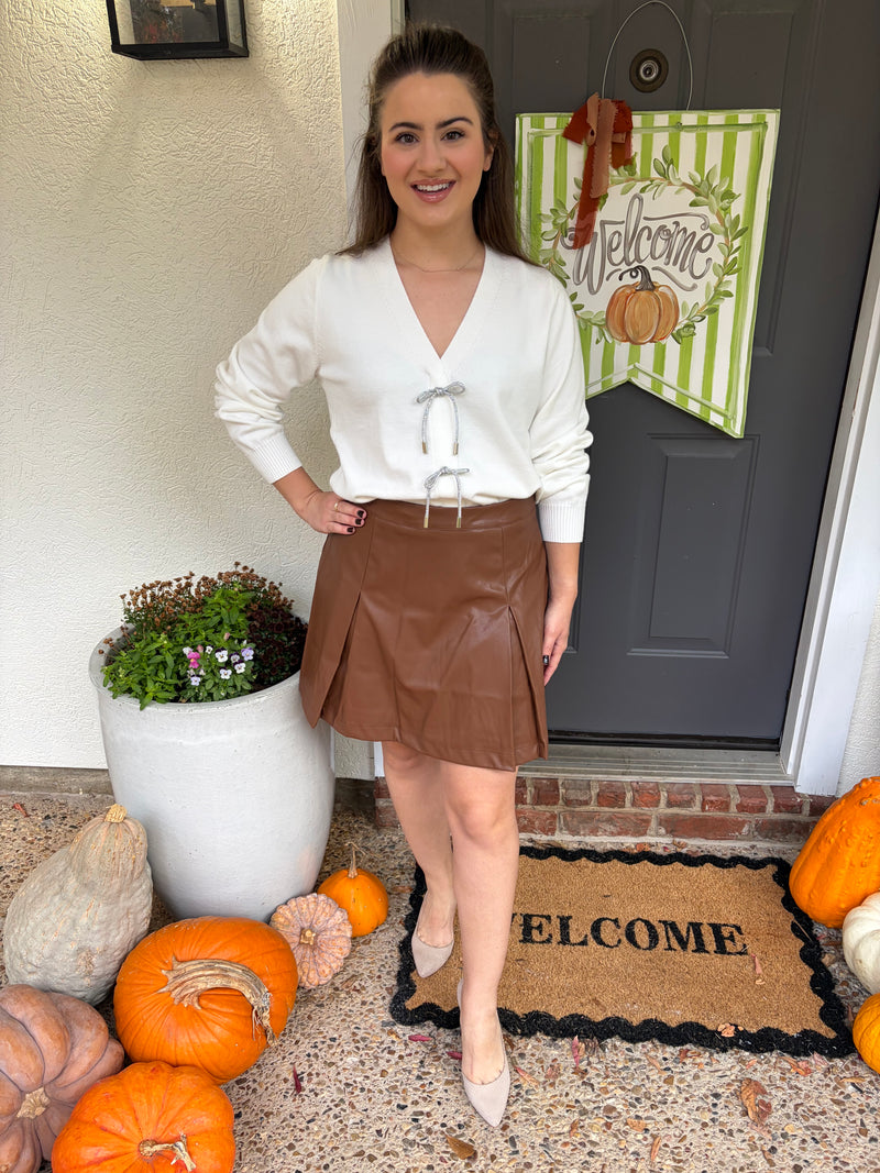 Pleated Brown Leather Mini Skirt