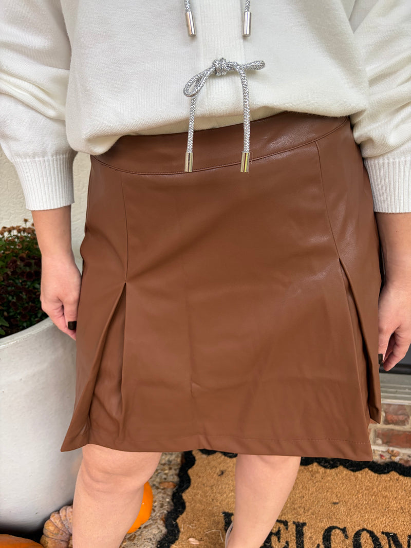 Pleated Brown Leather Mini Skirt