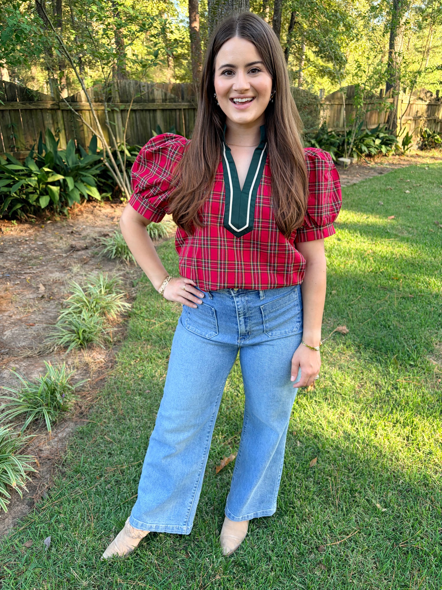 Red Plaid Puff Sleeve Top