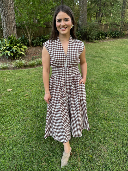 Brown Checkered Midi Dress