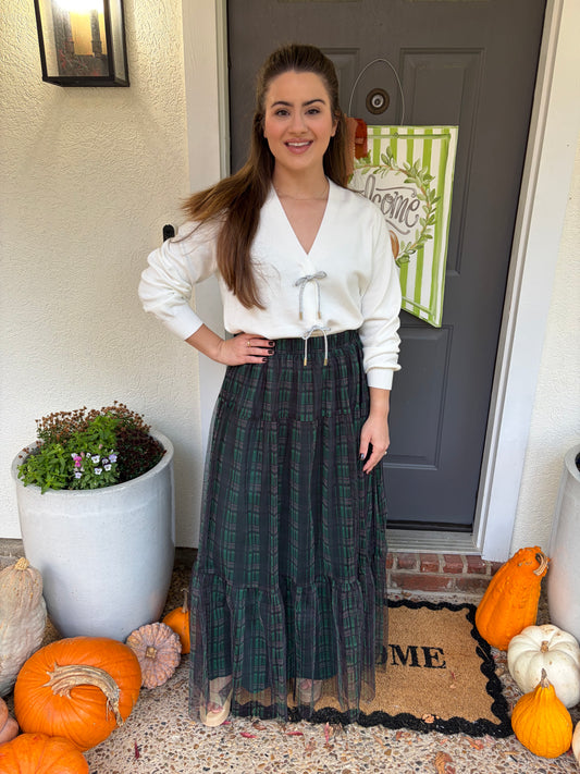 Green Plaid Organza Maxi Skirt