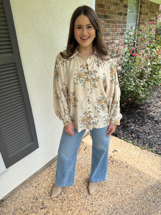 Floral Oatmeal Long Sleeve Button Up Top