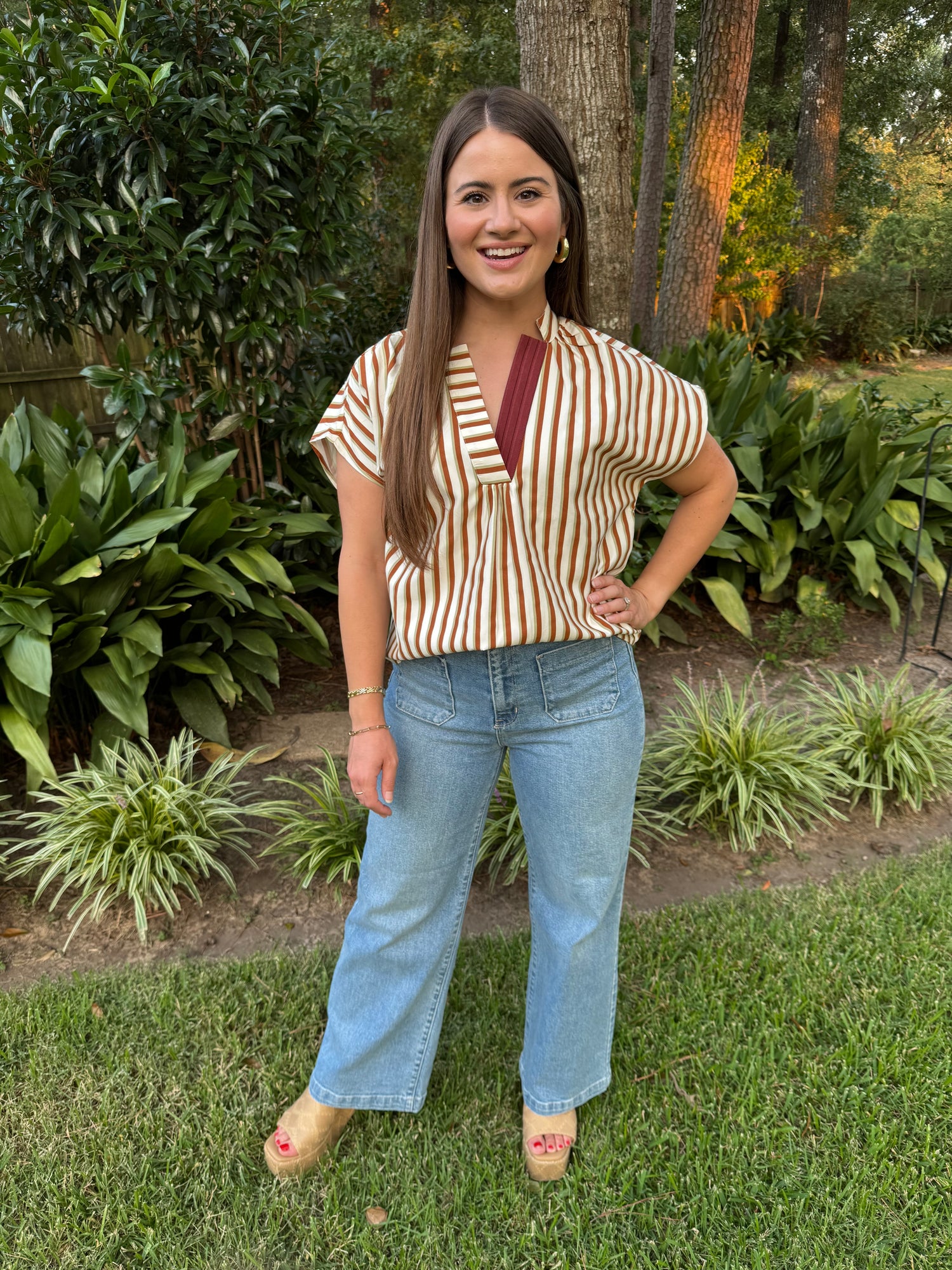 Light Brown & Cream Striped V-Neck Top