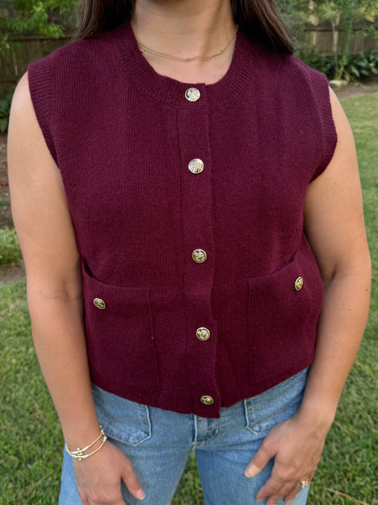 Wine Sleeveless Sweater Top