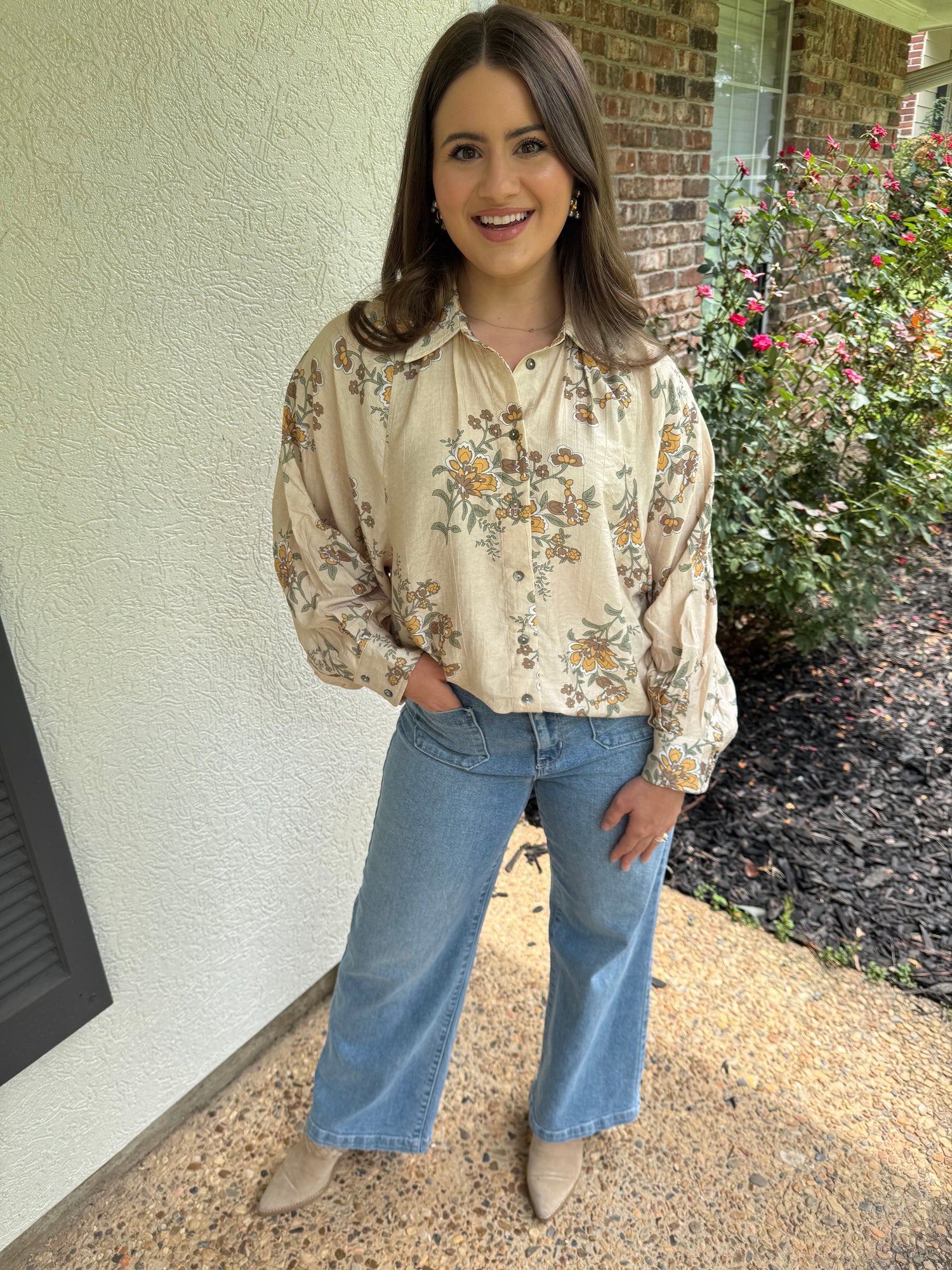 Floral Oatmeal Long Sleeve Button Up Top
