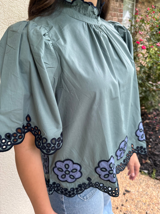 Sage Short Sleeve Scalloped Top