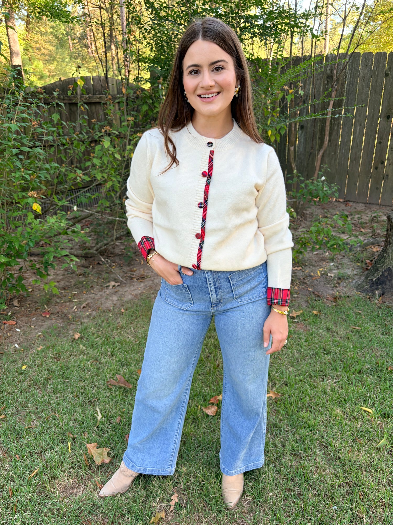 Plaid Cuff Cream Cardigan
