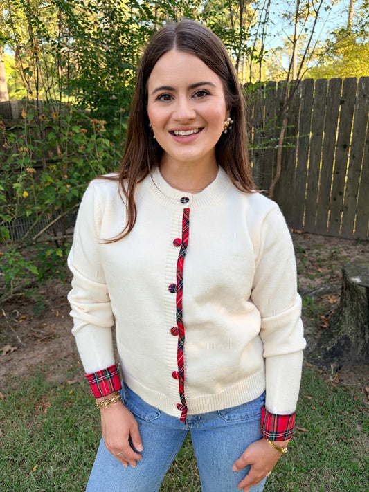 Plaid Cuff Cream Cardigan
