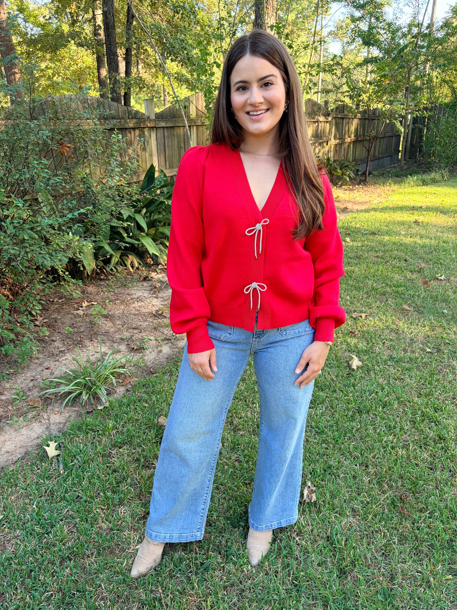 Red Button Down Bow Cardigan
