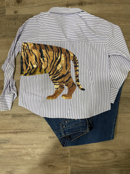 Purple Stripped Button Down Tiger Top