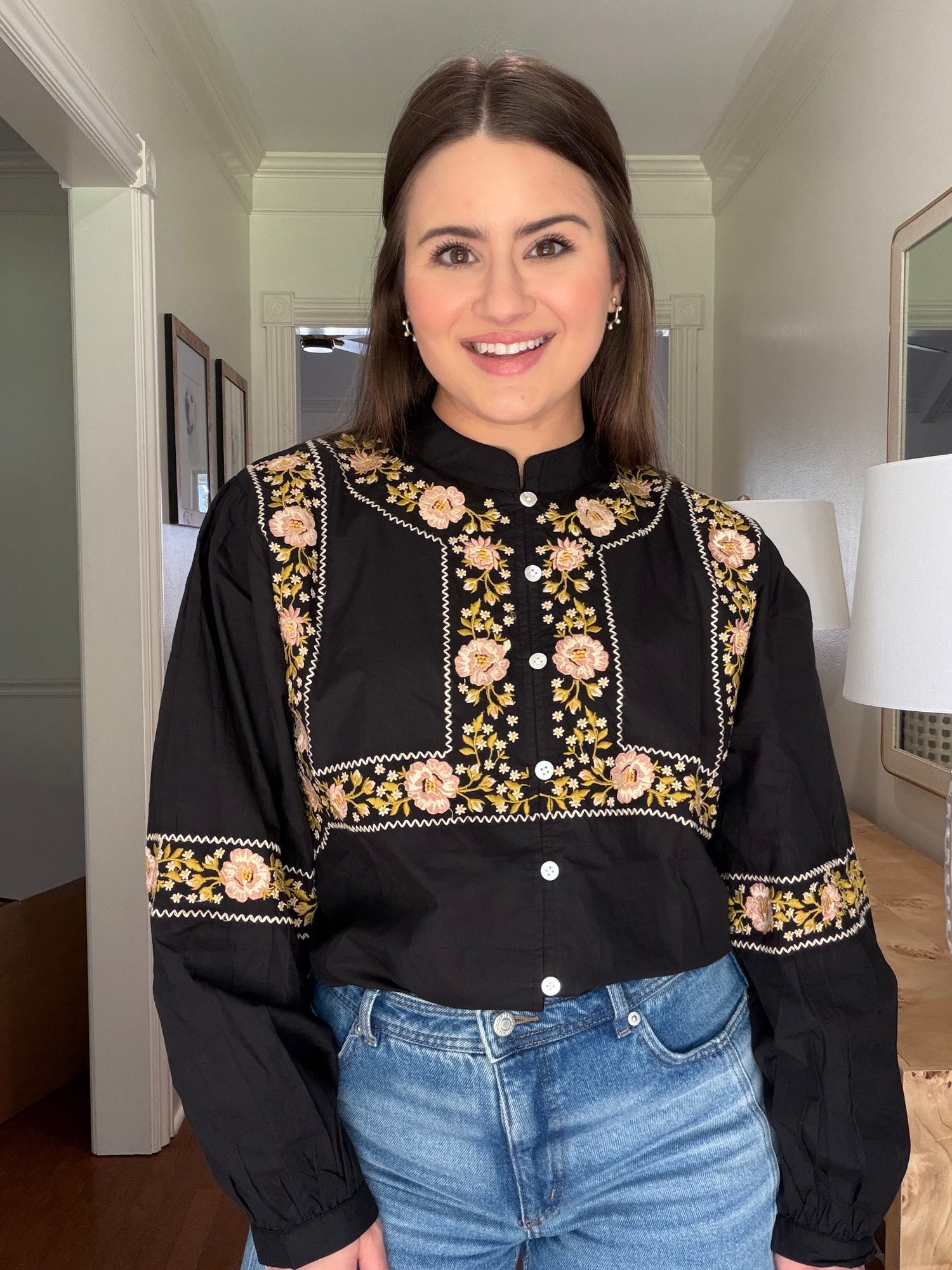 Black Embroidered Long Sleeve Top