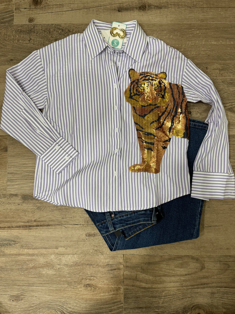 Purple Stripped Button Down Tiger Top